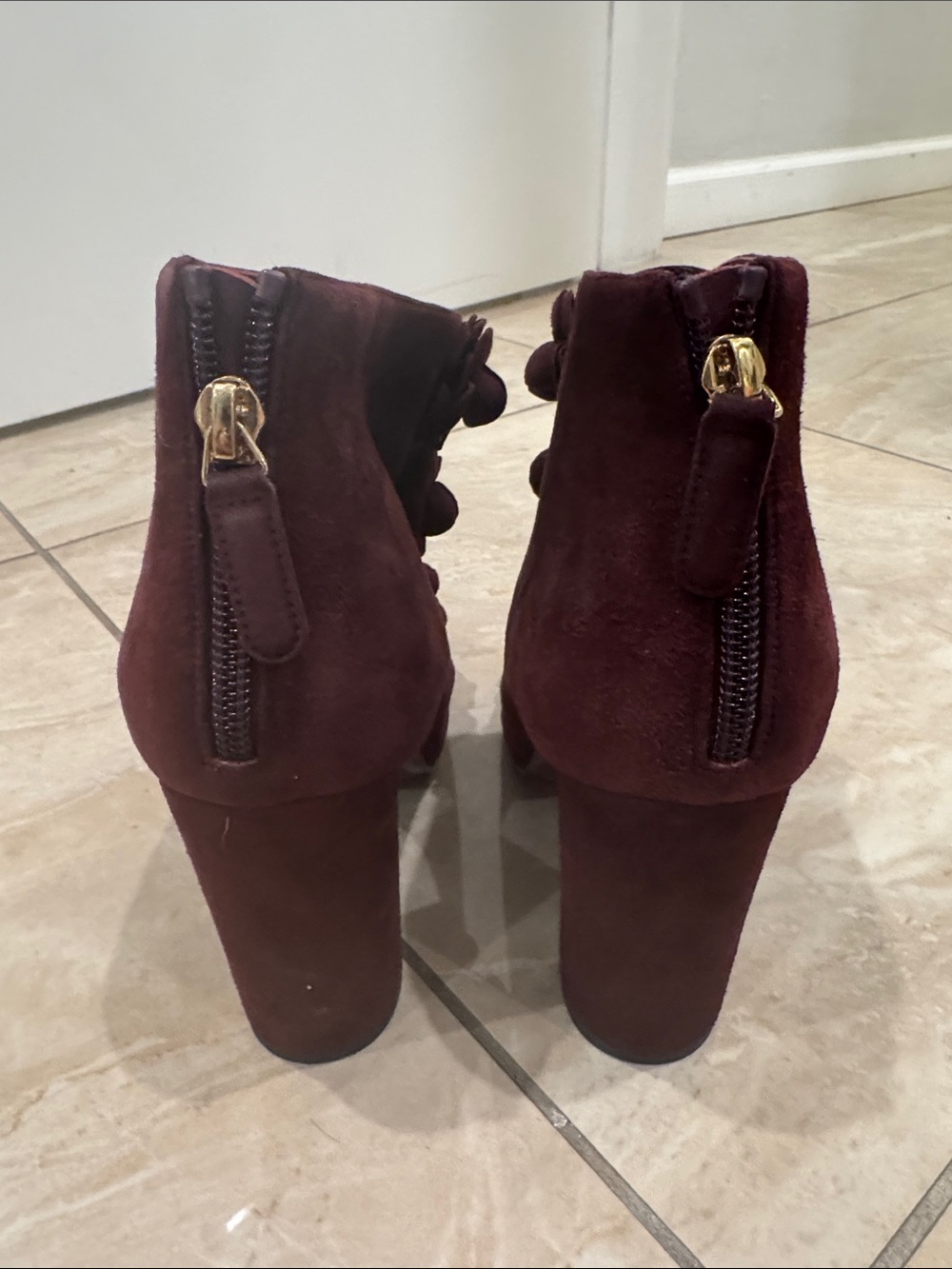 CHANEL Burgundy Suede Floral Peep-Toe Block Heels - Picture 9 of 10